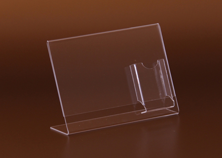 Plexi információ tartó, névjegykártya tartóval. A laptartóba oldalról lehet becsúsztatni a papírlapot.