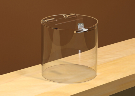 Vélemény vagy adománygyűjtésre alkalmas plexi doboz.